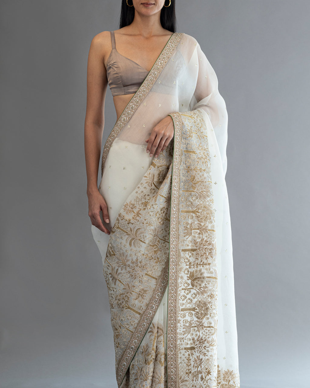 Creamy Fiesta Hand Embroidered Kora Saree