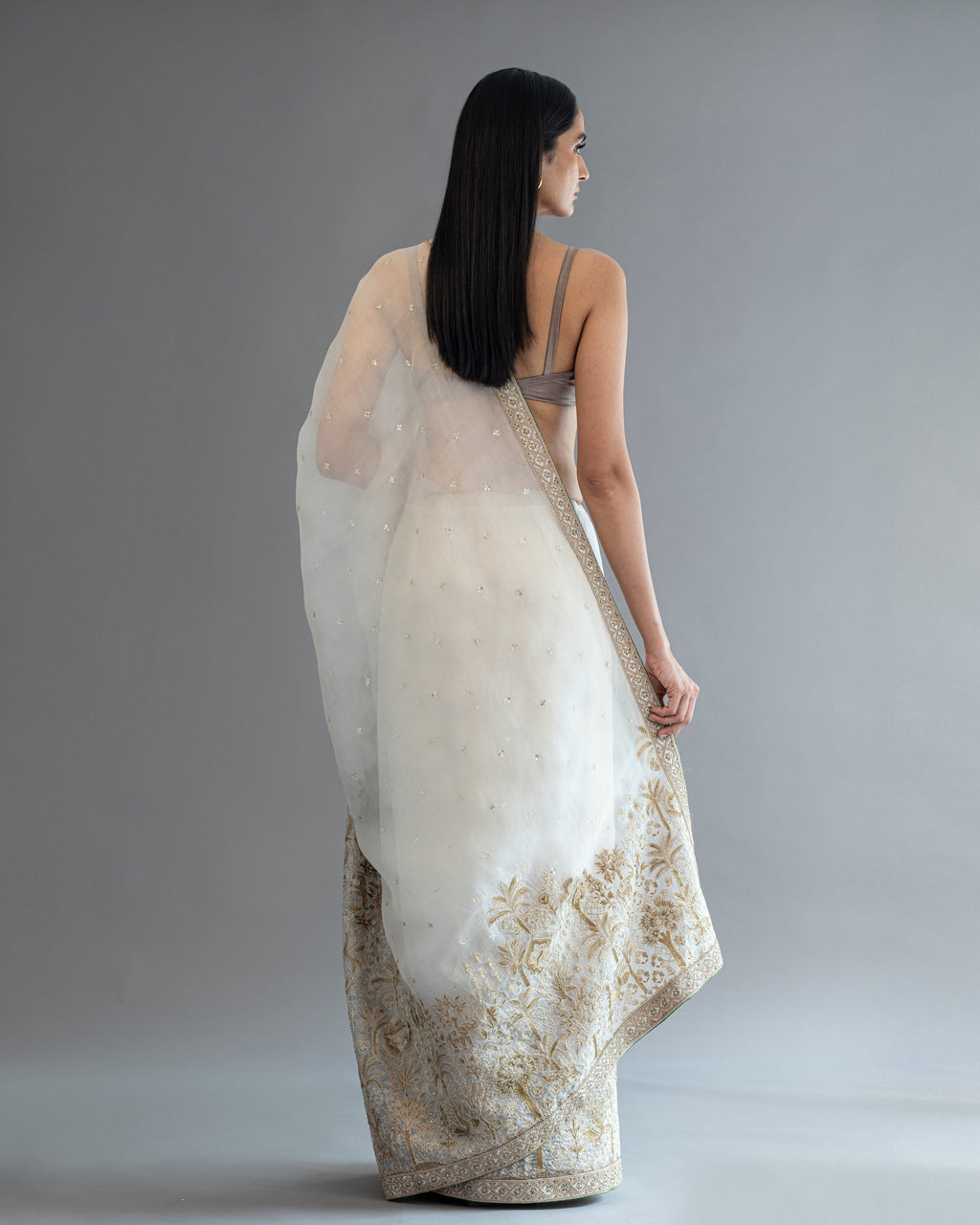 Creamy Fiesta Hand Embroidered Kora Saree