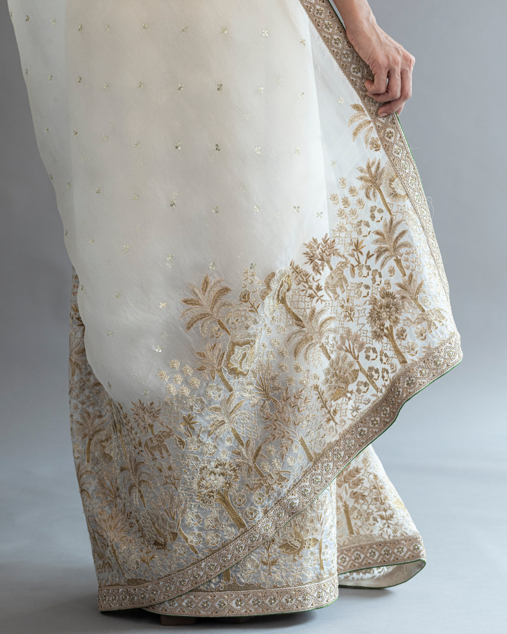Creamy Fiesta Hand Embroidered Kora Saree
