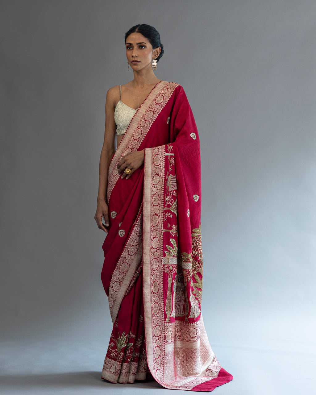 Ruby Hand Embroiderd Tusser-Georgette Saree