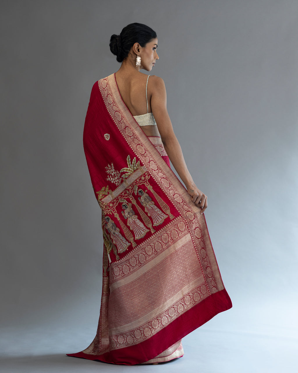 Ruby Hand Embroiderd Tusser-Georgette Saree