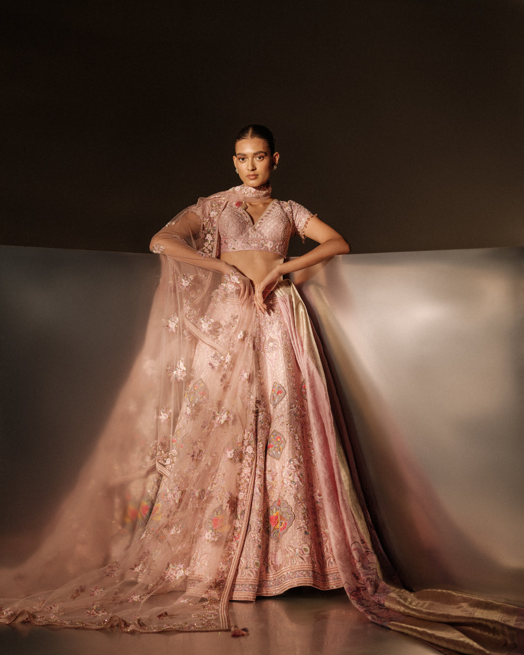 Blushing Peach Hand Embroidered Resham Coral Set