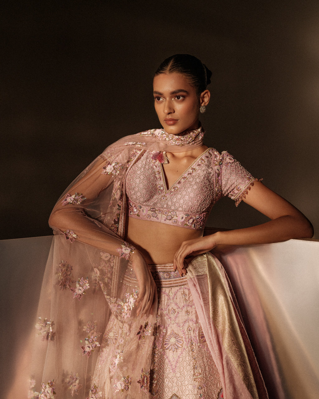 Blushing Peach Hand Embroidered Resham Coral Set