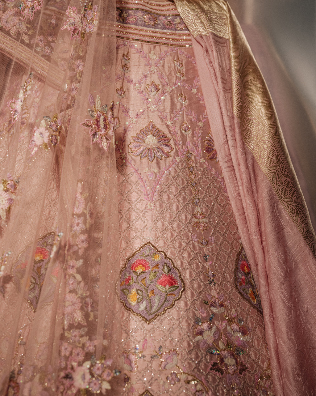 Blushing Peach Hand Embroidered Resham Coral Set