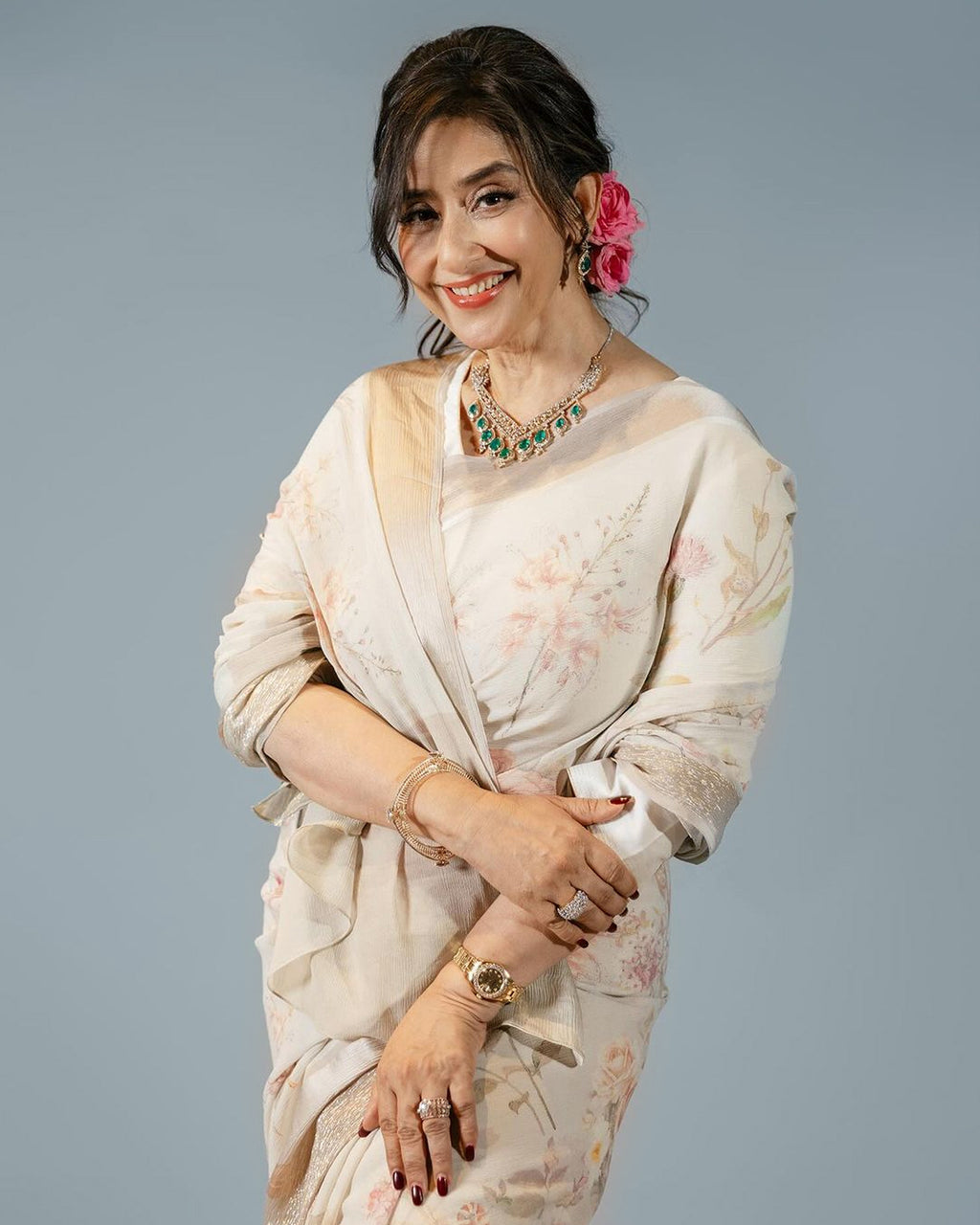 Ivory Floral Printed Chiffon Saree