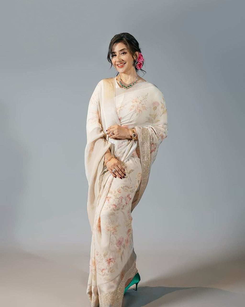 Ivory Floral Printed Chiffon Saree