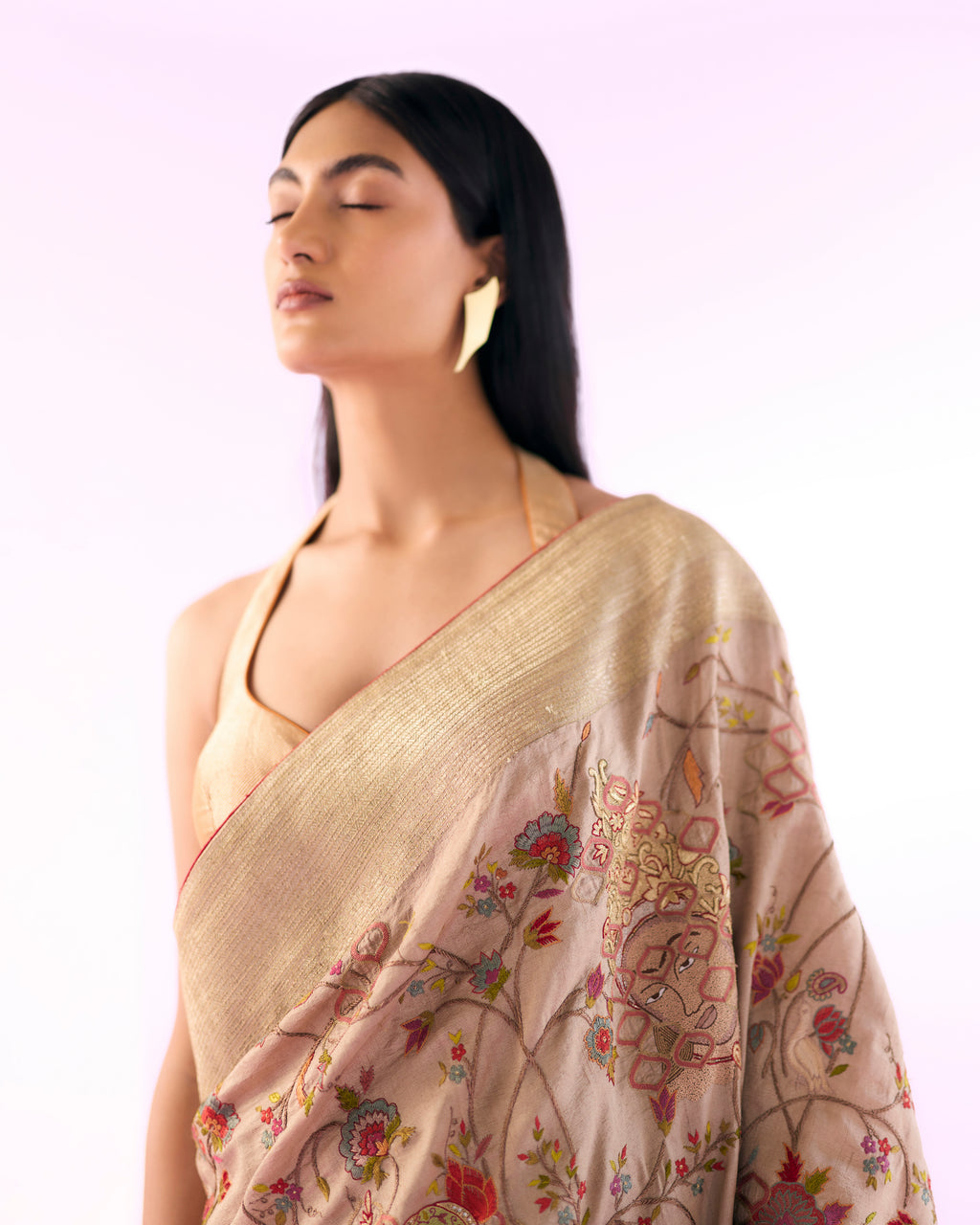 Oatmeal Handwoven Embroidery Saree