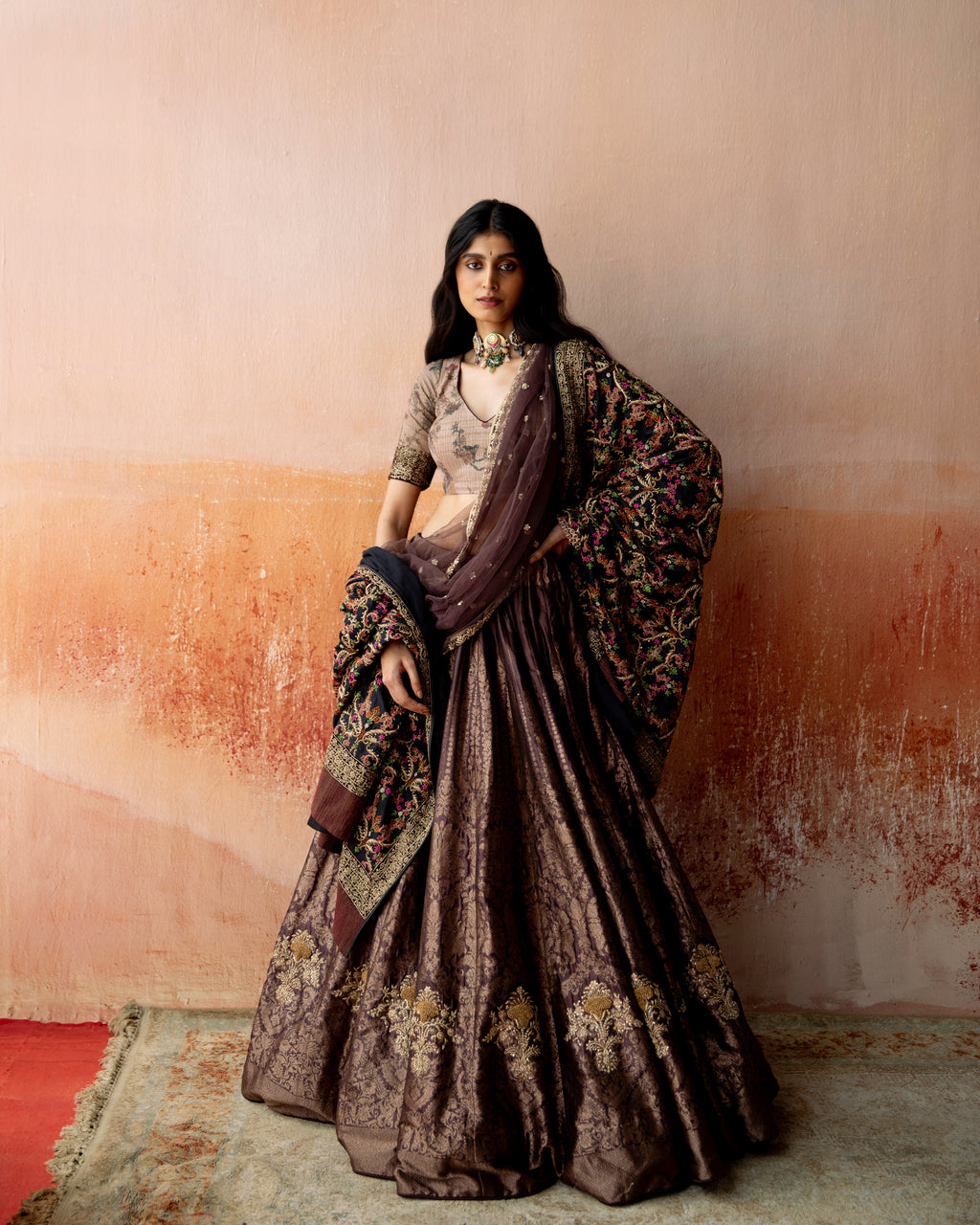 Bronze Zardozi-Embroidered Brocade Lehenga