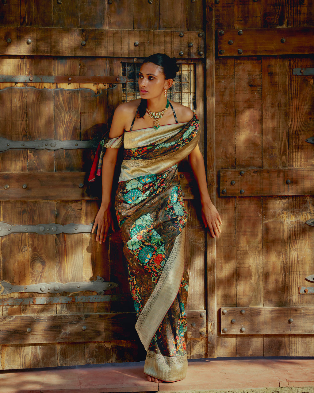 Mocha Hand Emroidred  Tusser Georgette Sarees