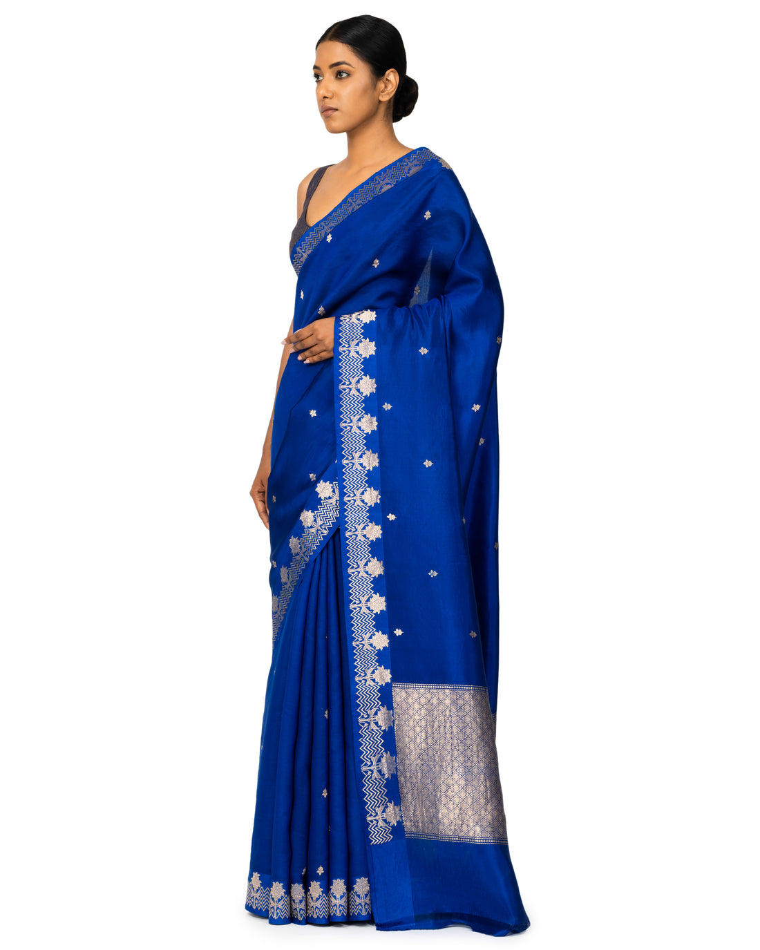 Banarasi Katan Silk Saree With Floral Border In Cobalt Blue