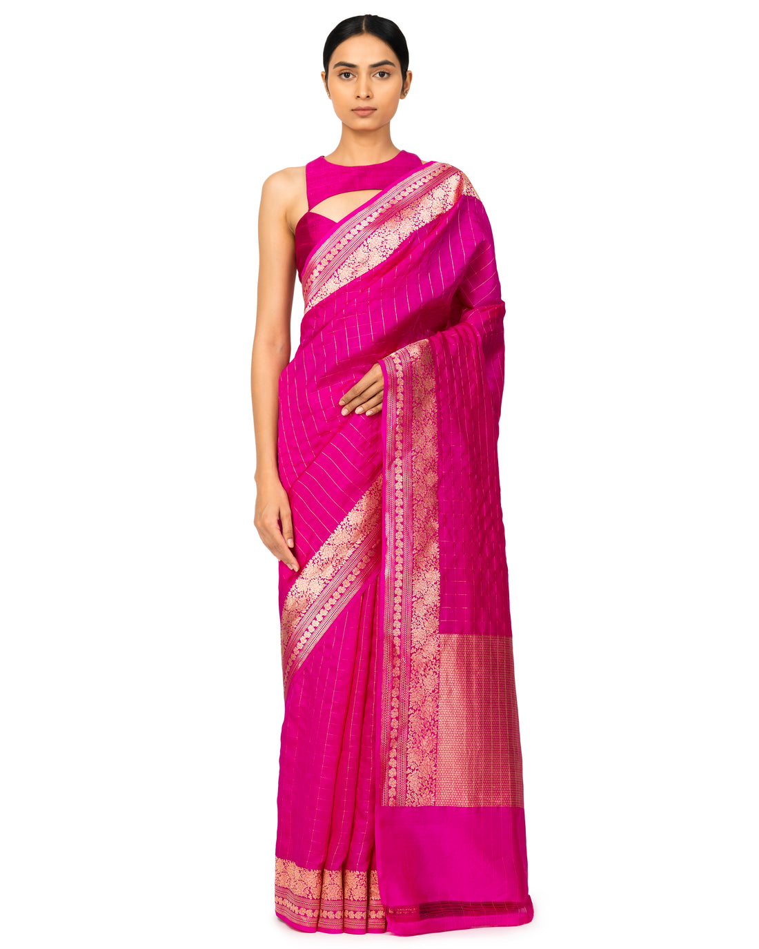 Banarasi Katan Silk Saree With Checkered Pattern In Fuchsia Pink