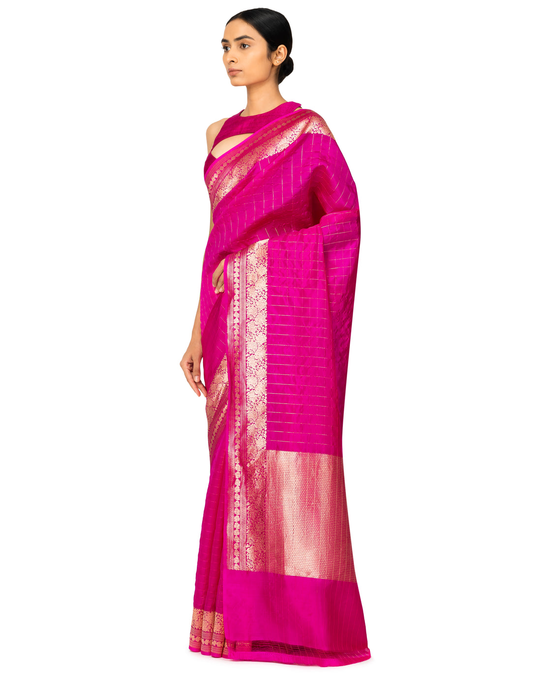 Banarasi Katan Silk Saree With Checkered Pattern In Fuchsia Pink