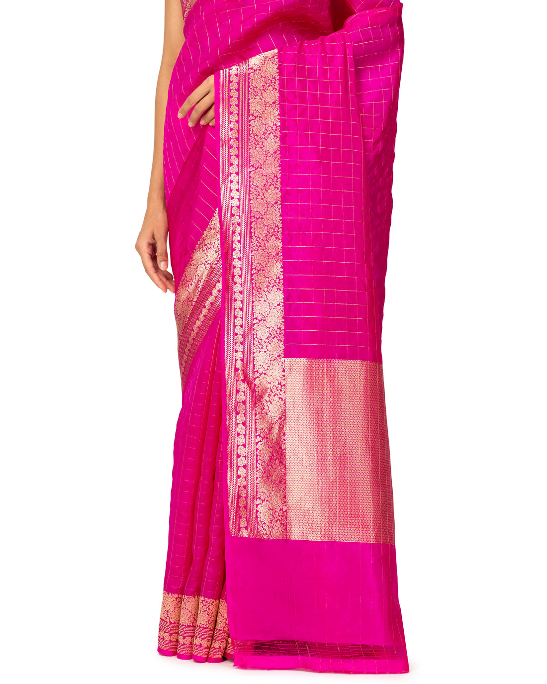 Banarasi Katan Silk Saree With Checkered Pattern In Fuchsia Pink
