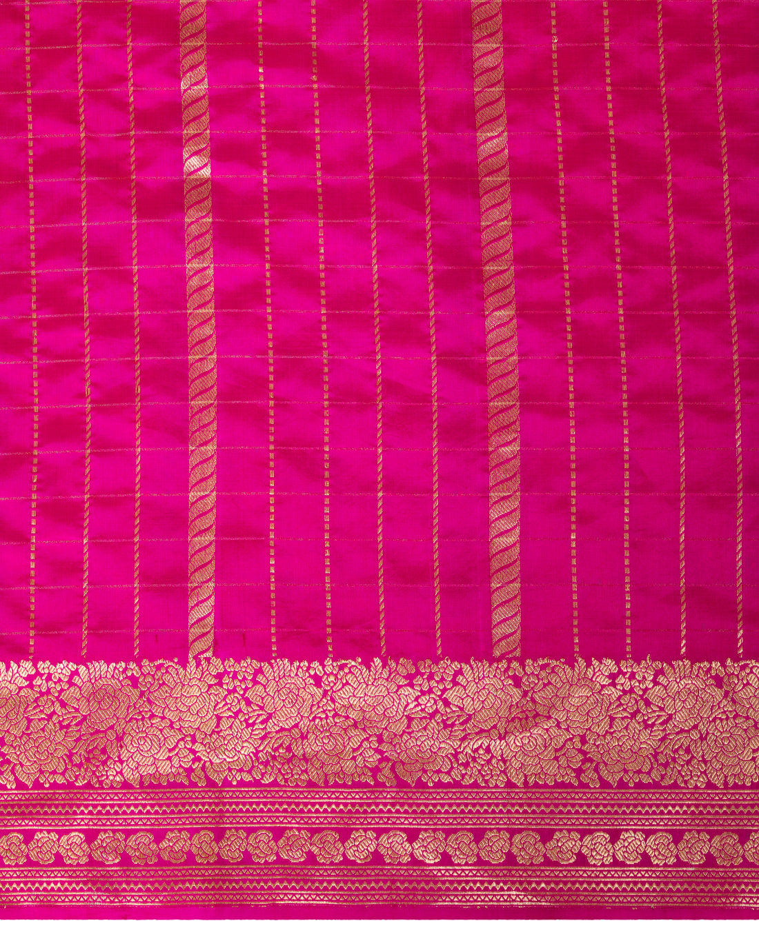 Banarasi Katan Silk Saree With Checkered Pattern In Fuchsia Pink