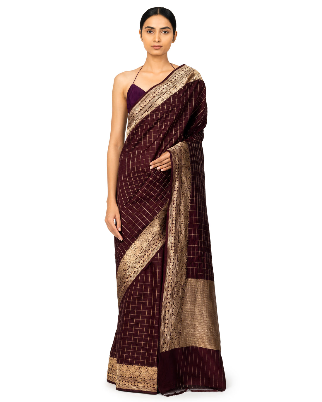 Banarasi Katan Silk Saree With Checkered Pattern In Espresso Brown