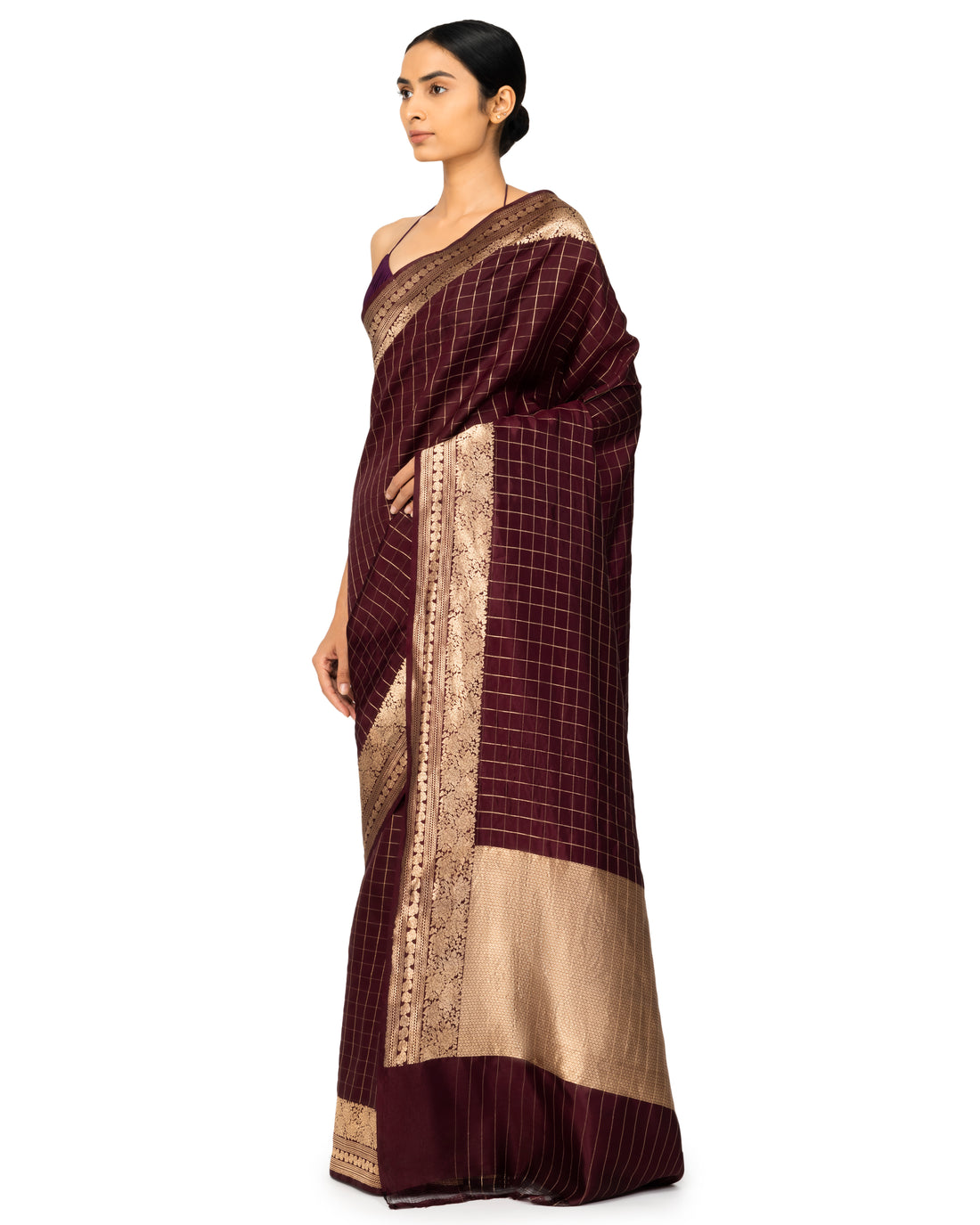 Banarasi Katan Silk Saree With Checkered Pattern In Espresso Brown