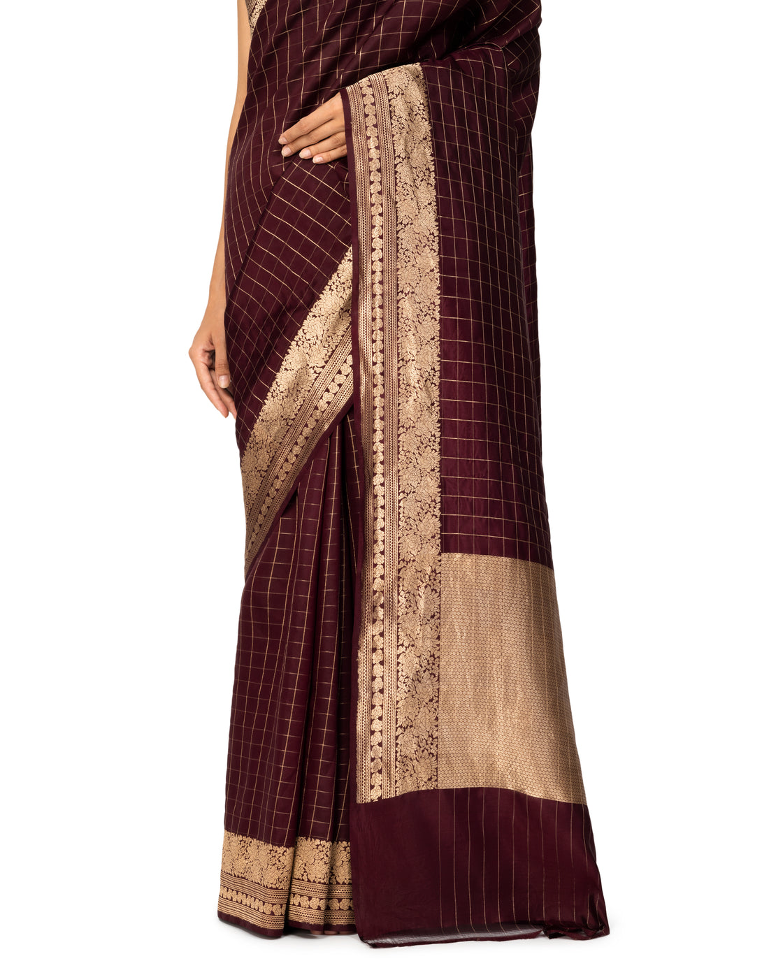 Banarasi Katan Silk Saree With Checkered Pattern In Espresso Brown