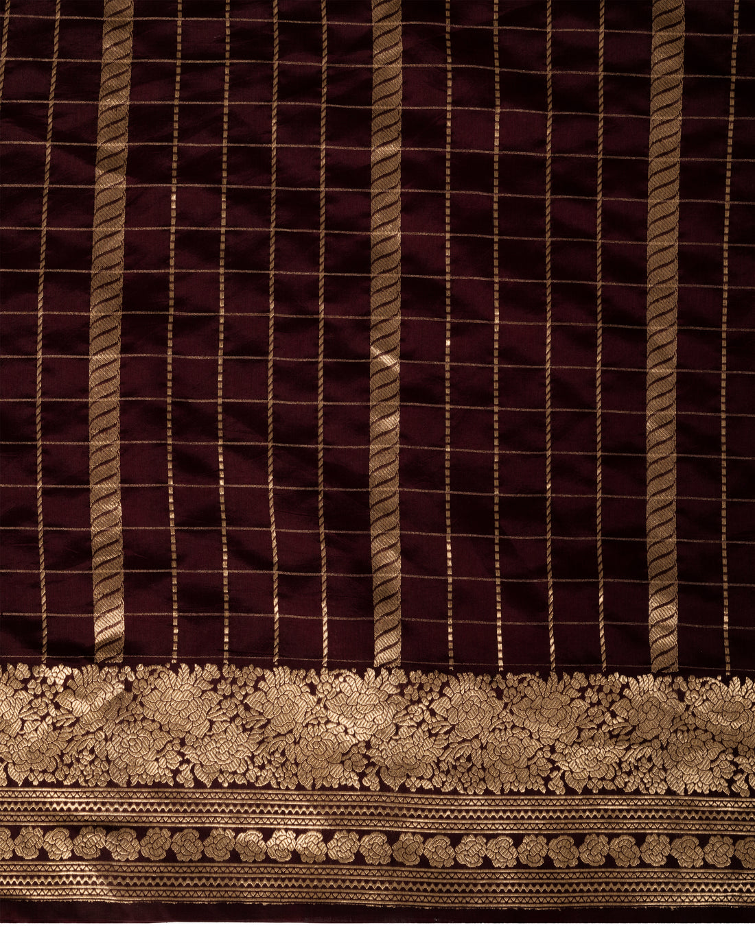 Banarasi Katan Silk Saree With Checkered Pattern In Espresso Brown