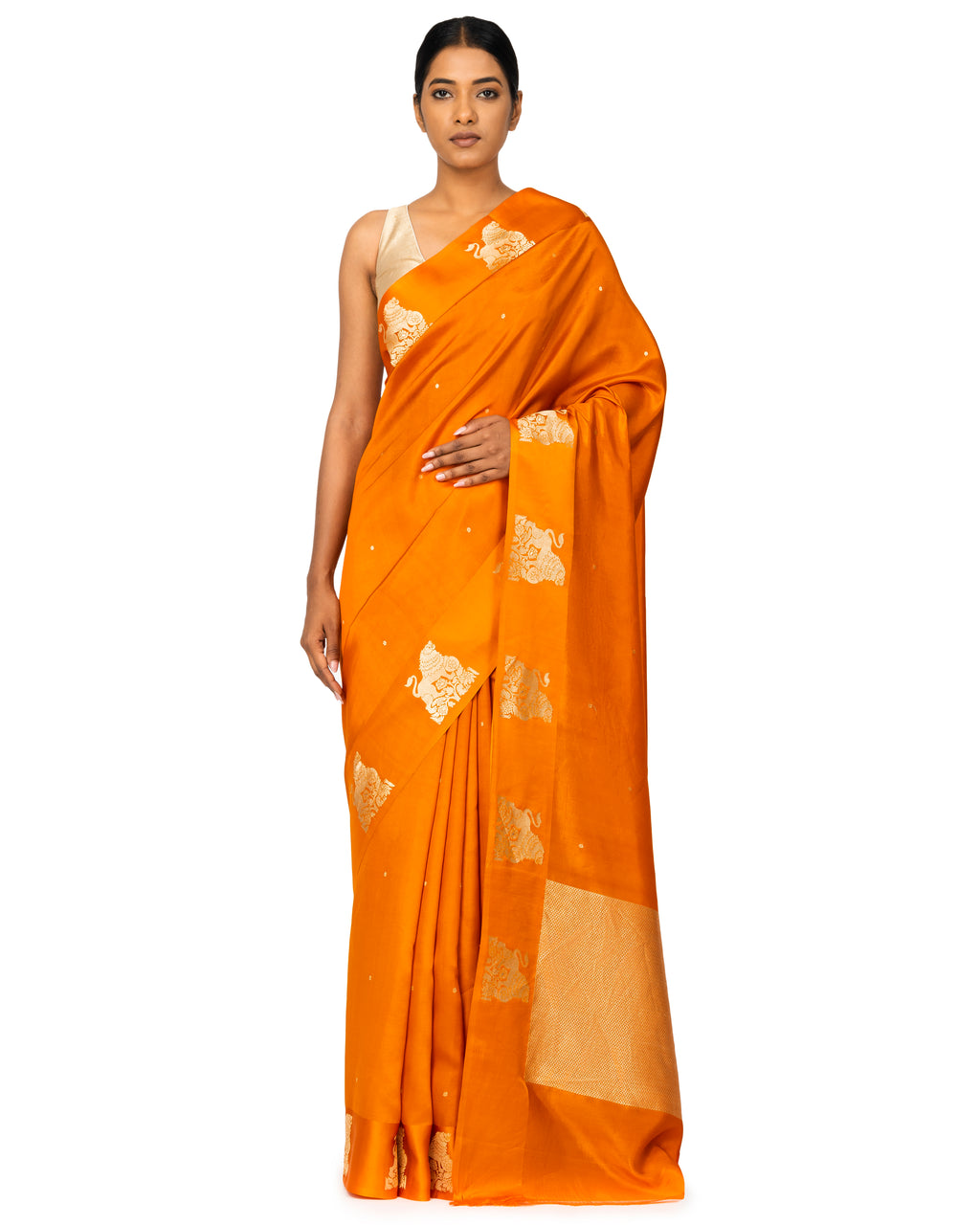 Banarasi Katan Silk Saree In Tangerine