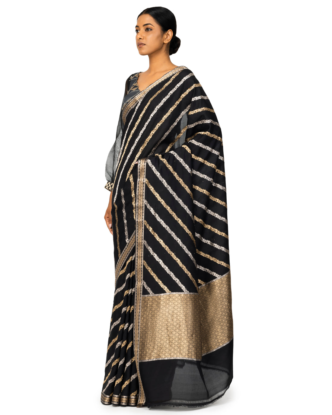 Banarasi Georgette Saree With Diagonal Stripes In Oynx