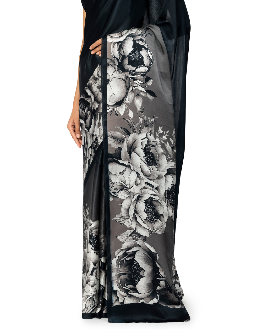 Banarasi Floral Printed Satin Silk Saree In Oynx