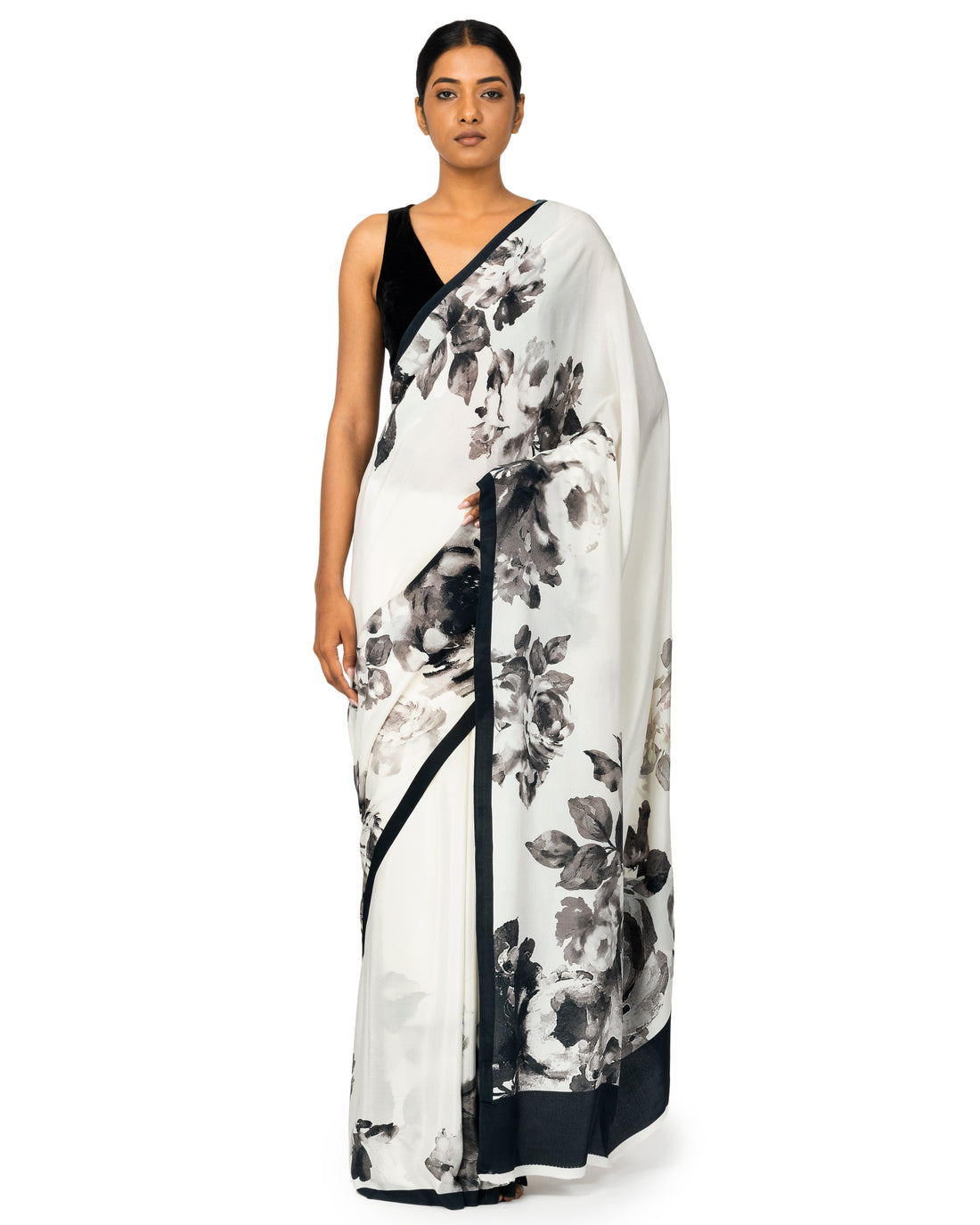 Banarasi Crepe Saree With Floral Prints In White