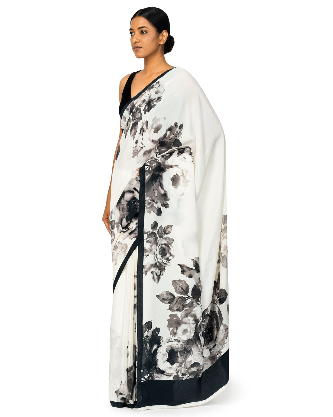 Banarasi Crepe Saree With Floral Prints In White
