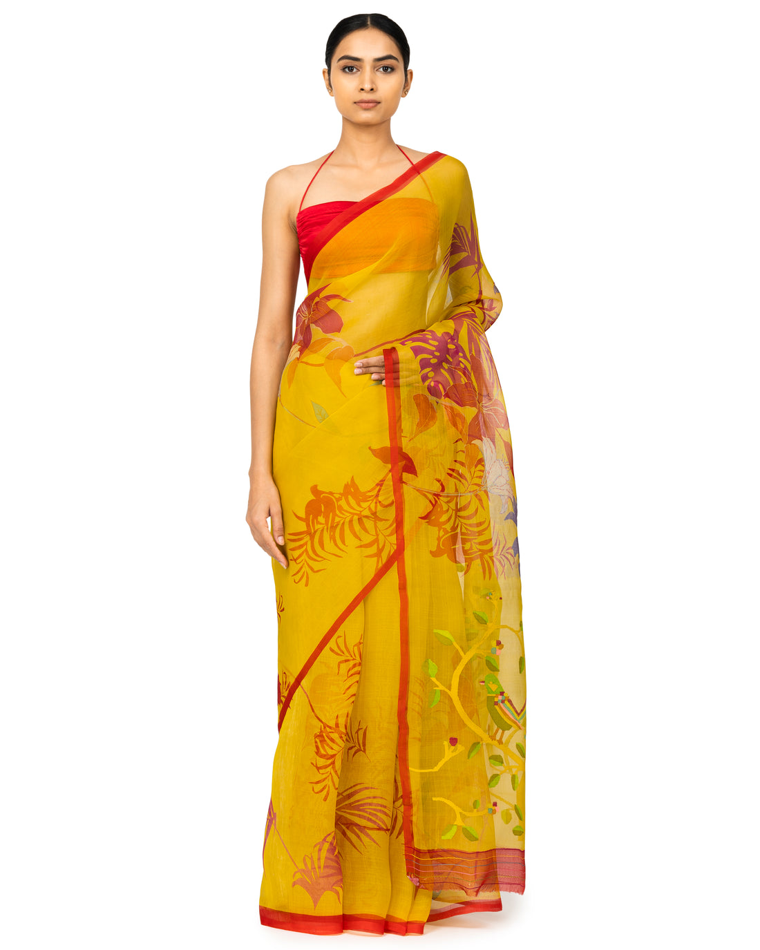 Banarasi Kora Saree With Bird Prints In Ochre