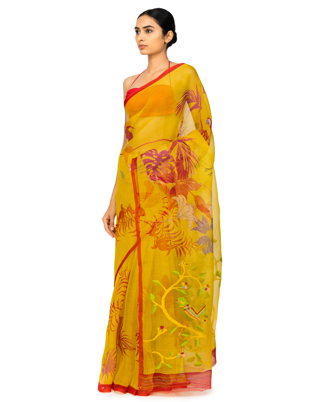 Banarasi Kora Saree With Bird Prints In Ochre