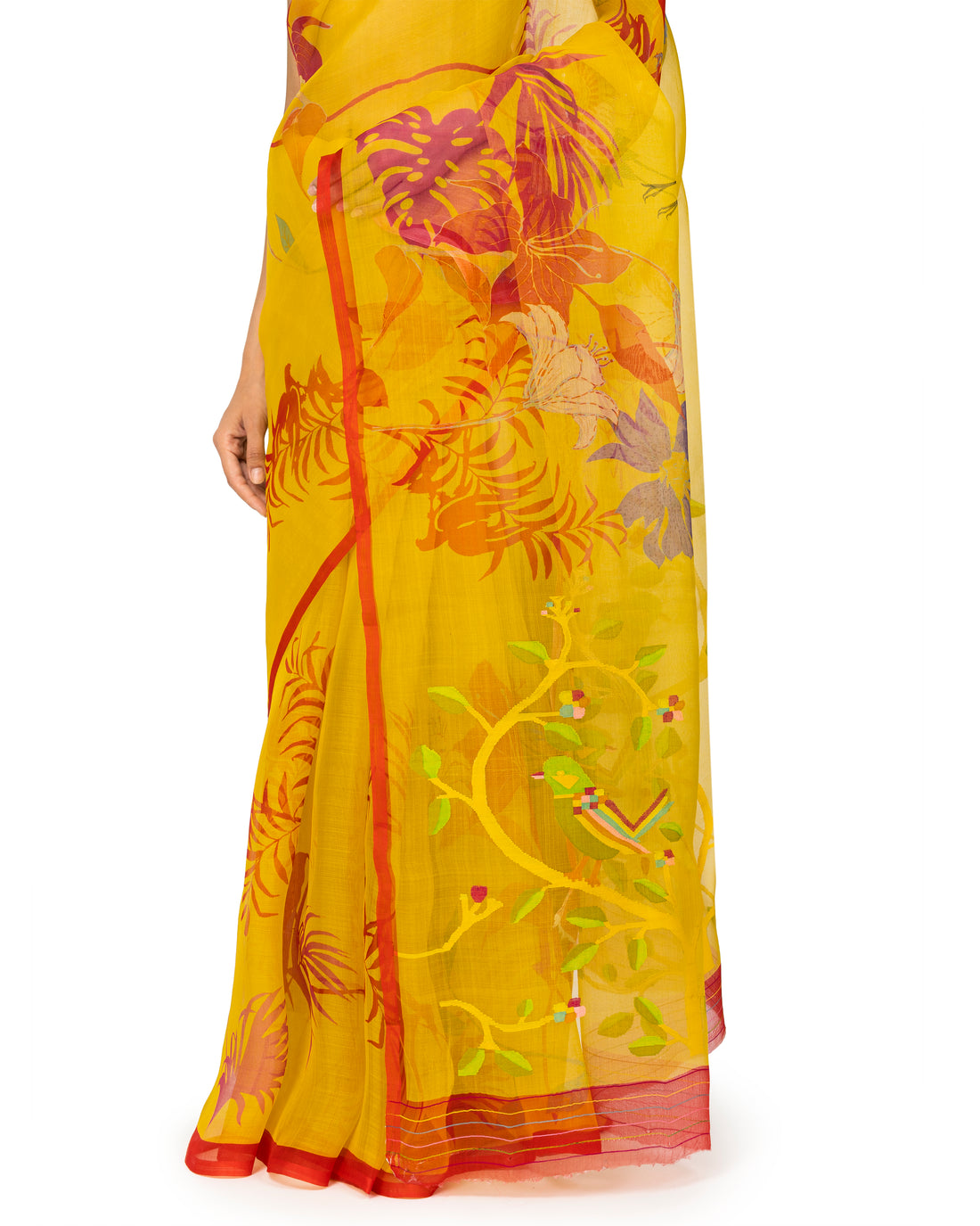 Banarasi Kora Saree With Bird Prints In Ochre