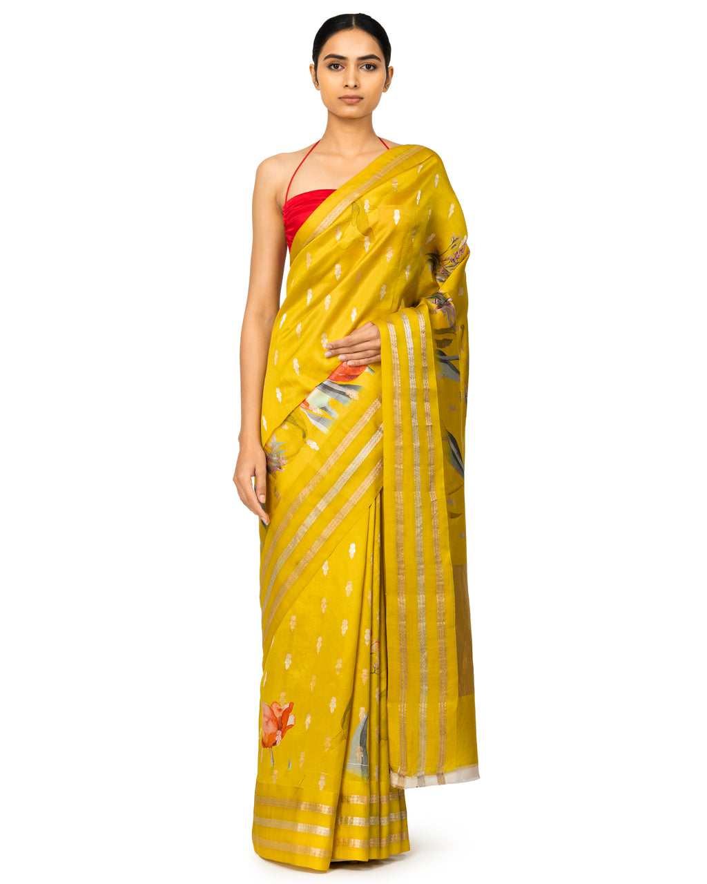 Banarasi Katan Floral Printed Silk Saree In Neon