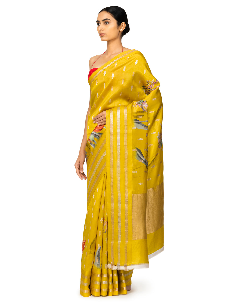 Banarasi Katan Floral Printed Silk Saree In Neon