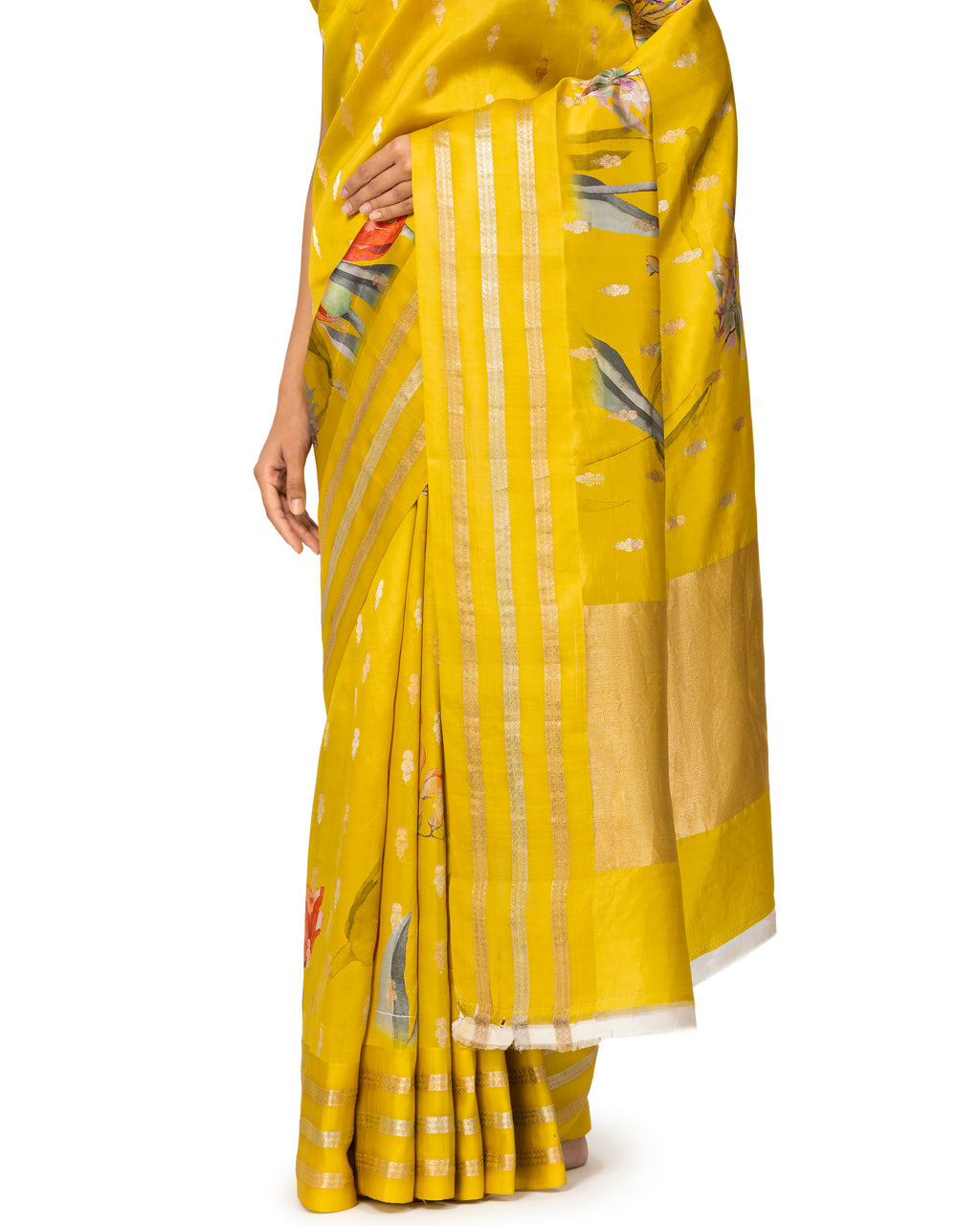 Banarasi Katan Floral Printed Silk Saree In Neon