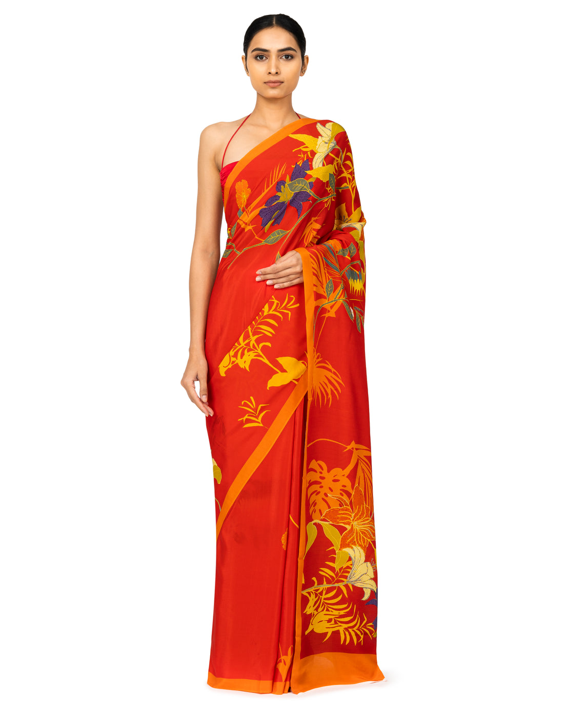 Banarasi Crepe Silk Saree With Floral Prints In Cherry Red