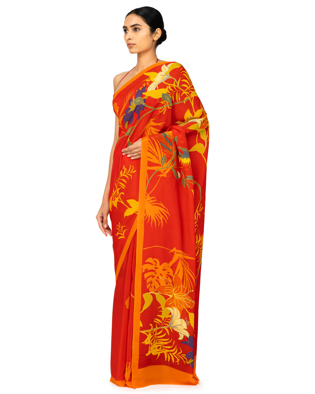 Banarasi Crepe Silk Saree With Floral Prints In Cherry Red