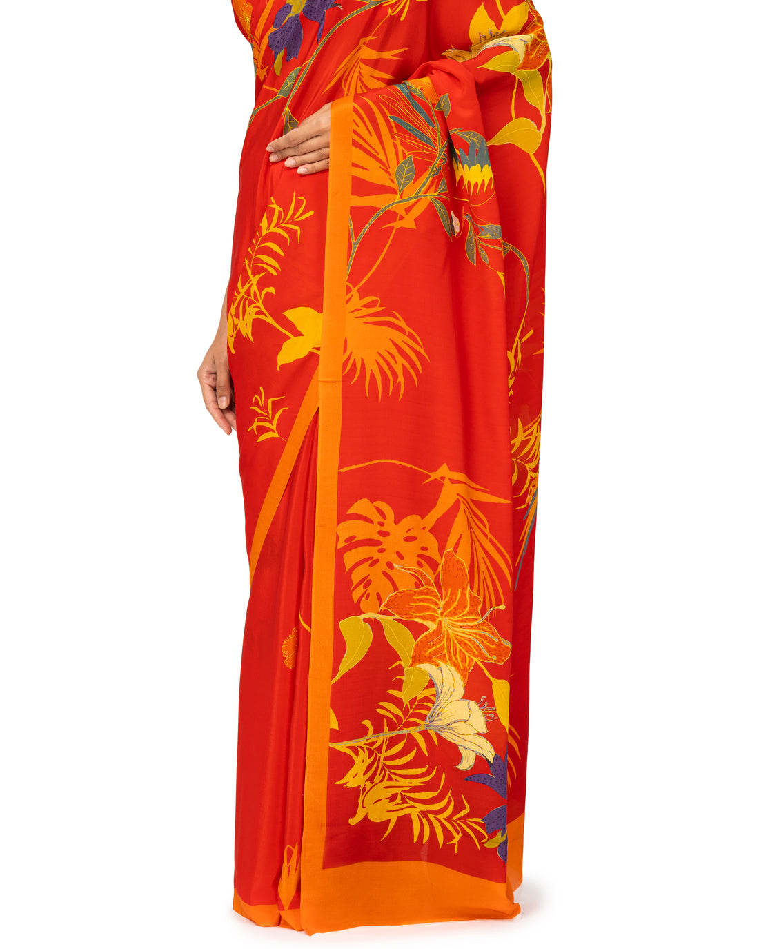 Banarasi Crepe Silk Saree With Floral Prints In Cherry Red