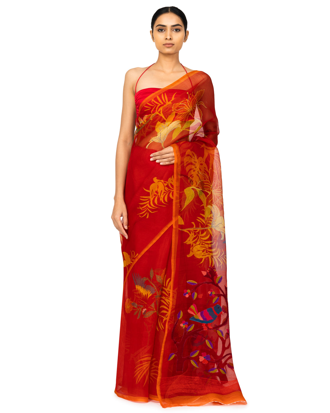 Banarasi Kora Saree With Bird Prints In Cherry