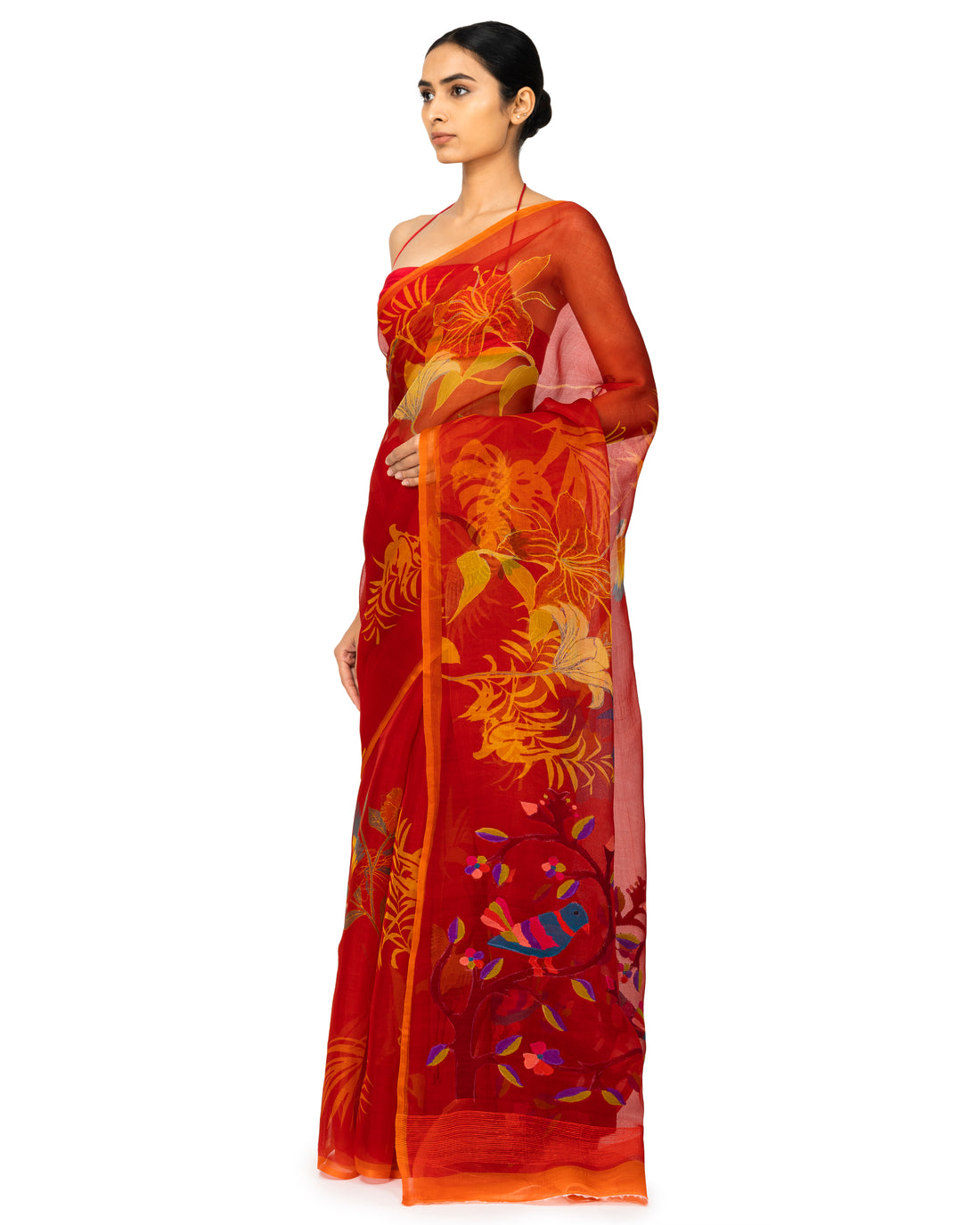 Banarasi Kora Saree With Bird Prints In Cherry
