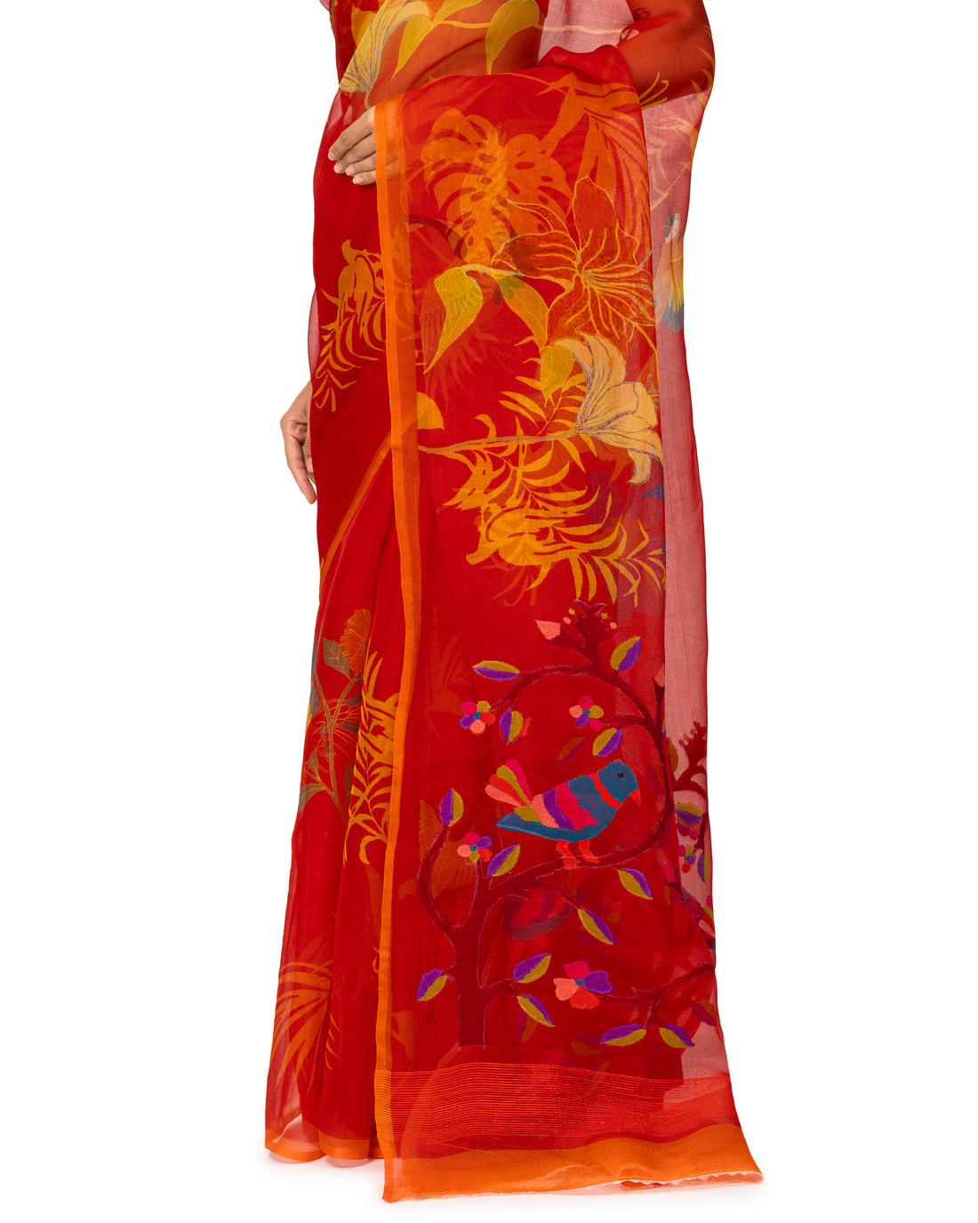 Banarasi Kora Saree With Bird Prints In Cherry