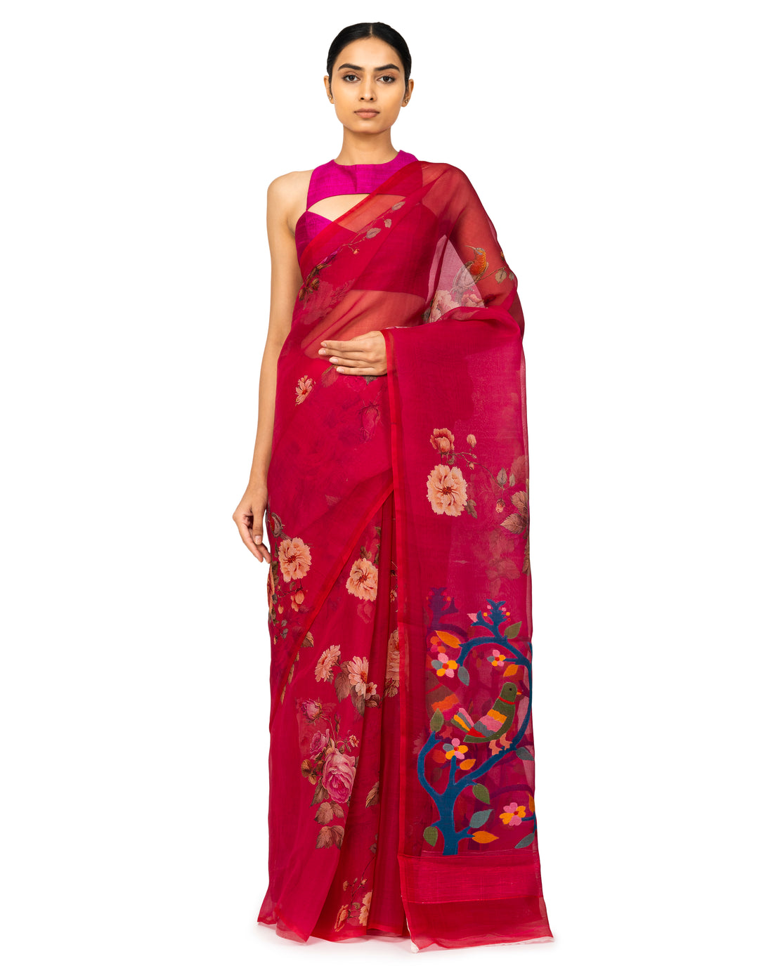 Banarasi Kora Saree With Floral Prints In Fuchsia Pink