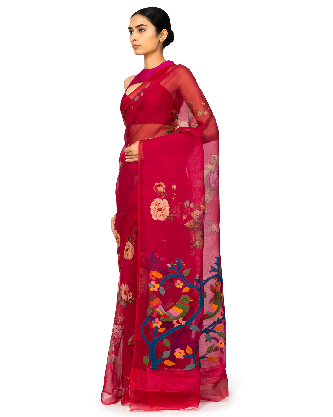 Banarasi Kora Saree With Floral Prints In Fuchsia Pink