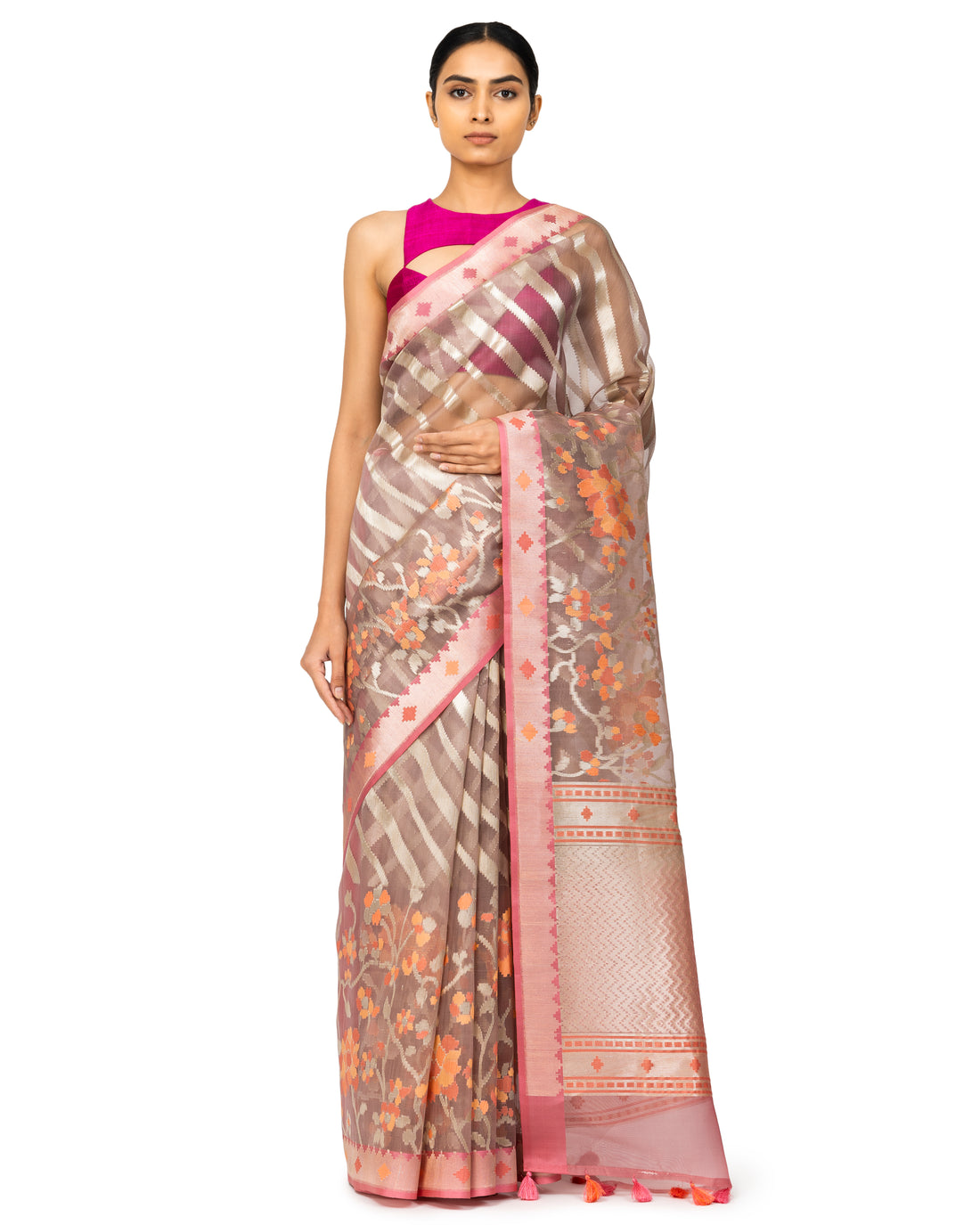 Banarasi Kora Saree With Striped Weave