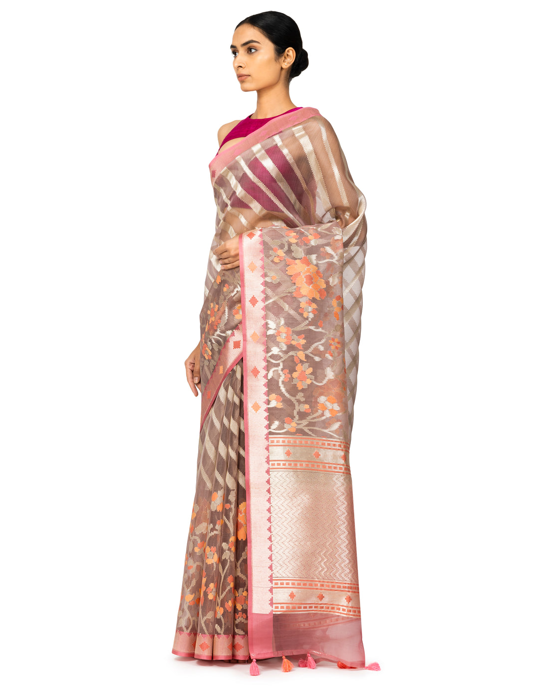 Banarasi Kora Saree With Striped Weave