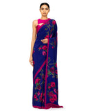 Cobalt Blue Satin Saree With Floral Print