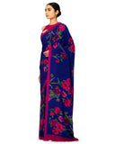 Cobalt Blue Satin Saree With Floral Print
