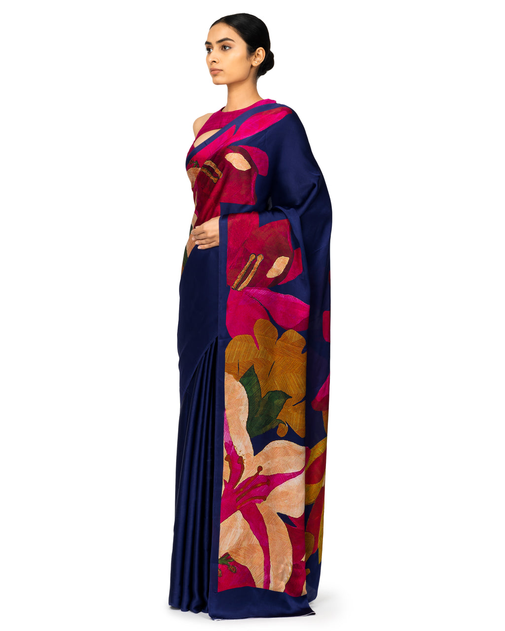 Banarasi Silk Saree With Floral Prints In Cobalt Blue