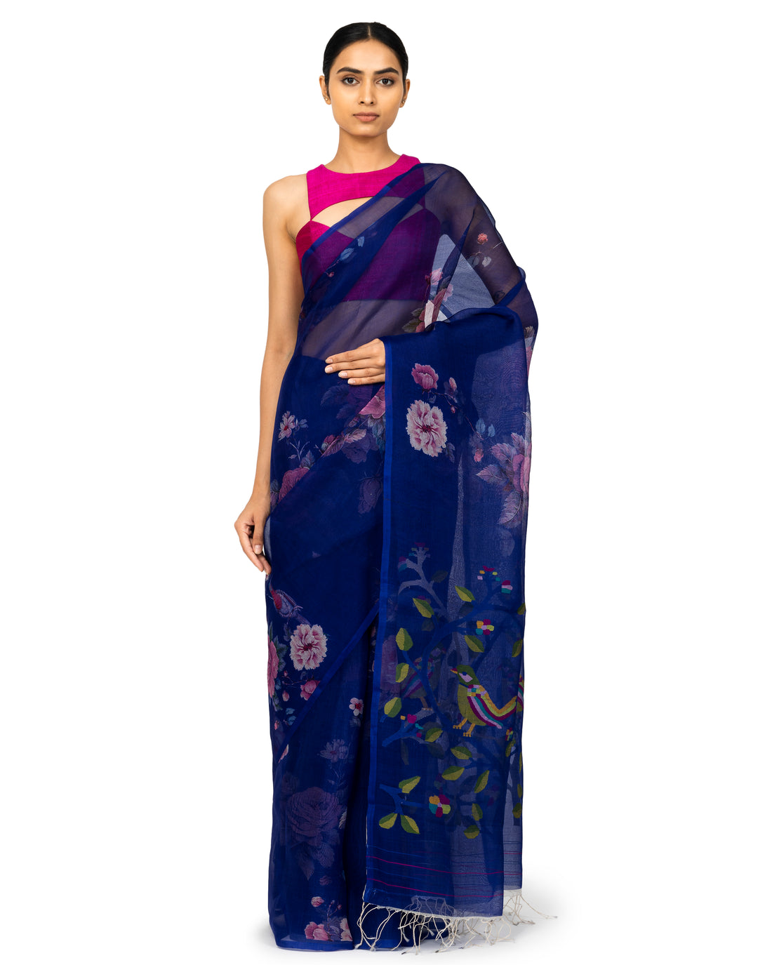 Banarasi Kora Saree With Floral Prints In Cobalt Blue