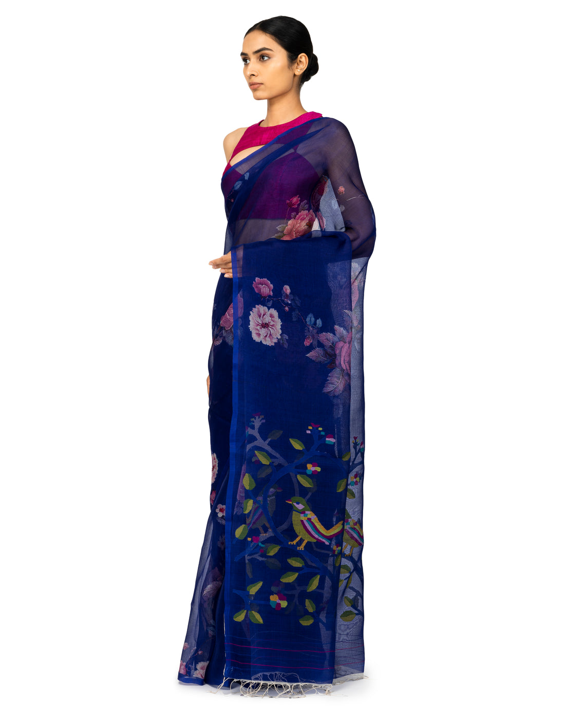 Banarasi Kora Saree With Floral Prints In Cobalt Blue