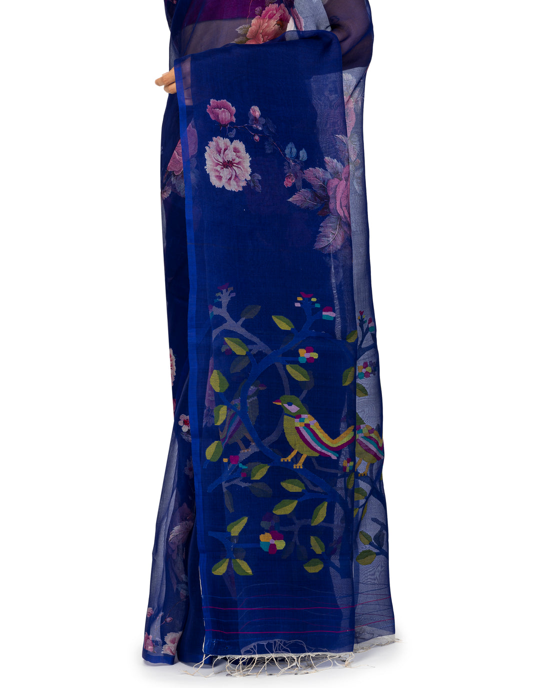 Banarasi Kora Saree With Floral Prints In Cobalt Blue