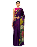 Plum Satin Saree With Floral Print